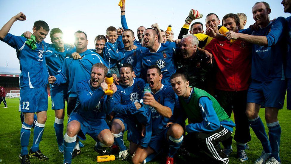 Bangor City celebrate beating Honka in Europe 3-2 on aggregate in 2010