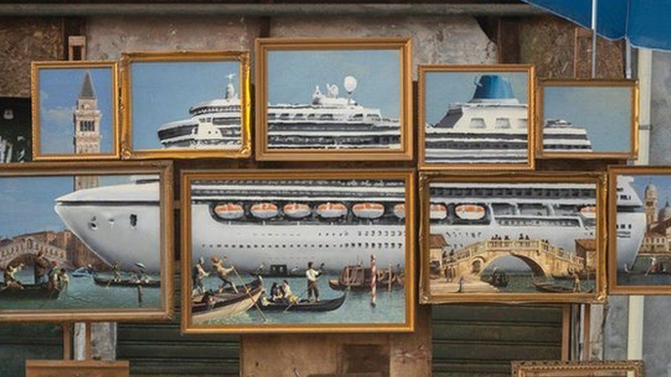 Banksy shows off new artwork of giant cruise ship in the middle of Venice.