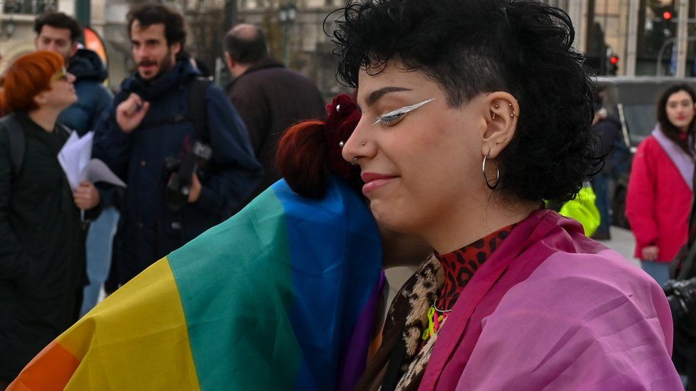 A supporter of same-sex marriage bill in Athens, Greece. Photo: 15 February 2024