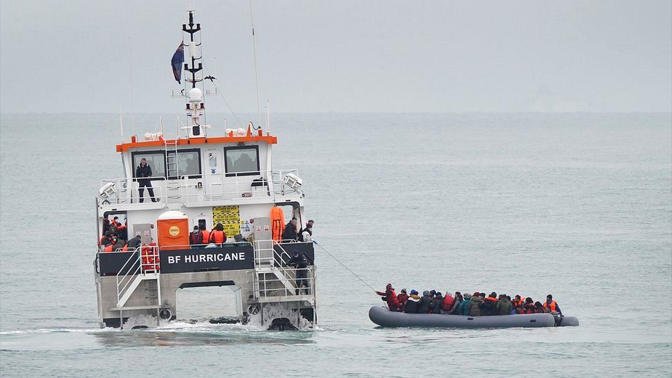 A group of people thought to be migrants are rescued off the coast of Folkestone, Kent by a Border Force vessel