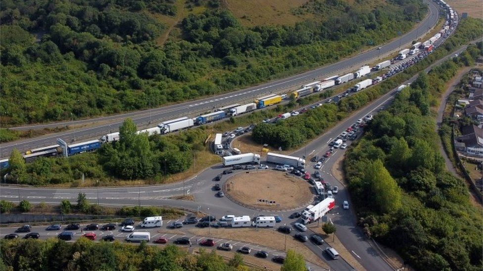 Traffic queues on the M20 near Folkestone, 23 July