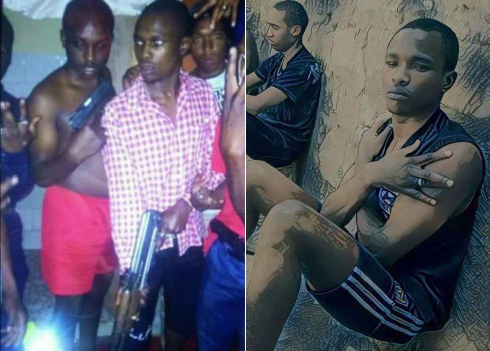 R: Mwani Sparta, a known gangster in Kenya, who it is suspected was targeted in an extrajudicial killing L: Mwani Sparta, the checked shirt, with members of his gang