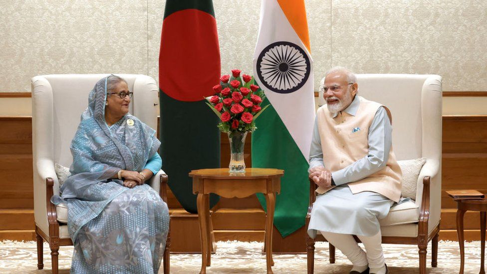 Sheikh Hasina (left) with Narendra Modi on the sidelines of the G20 summit in Delhi