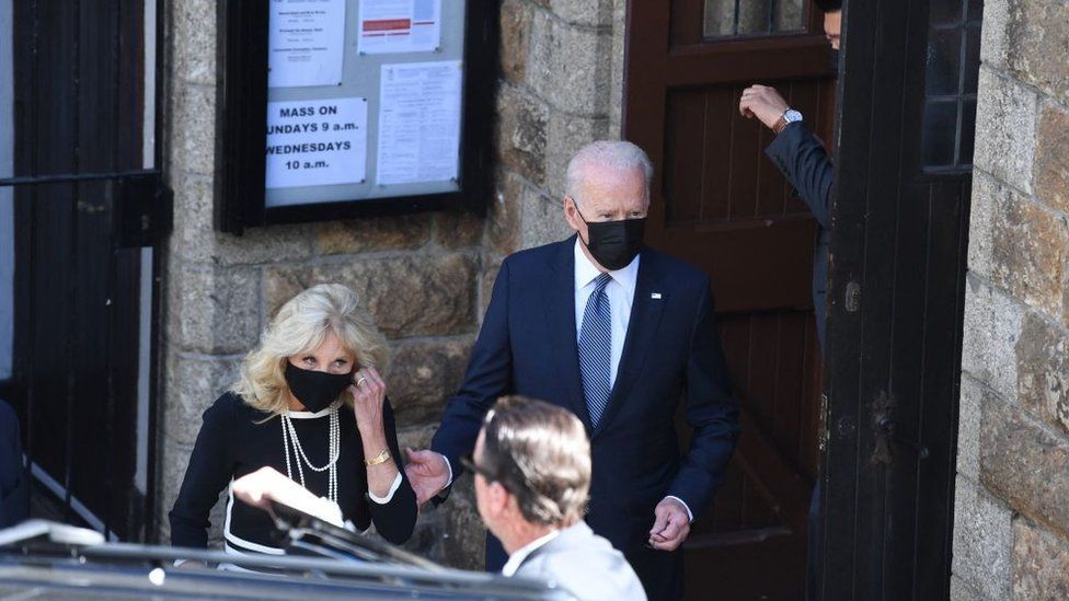 US President Joe Biden and First Lady Jill Biden at the Sacred Heart and St Ia Catholic Church in St Ives