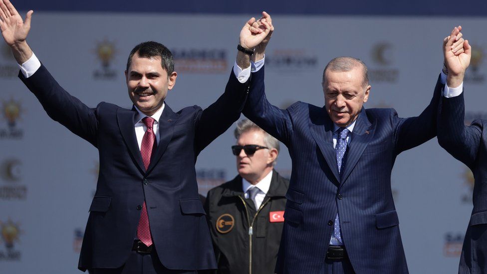 Turkish President Recep Tayyip Erdogan (R) and Istanbul mayor candidate Murat Kurum (L) attend the AK Party's election campaign rally in Istanbul, Turkey, 24 March 2024.