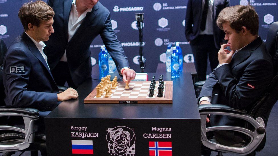 Magnus Carlsen, right, Norwegian chess grandmaster and Sergey Karjakin, Russian grandmaster during their finals games. 30 Nov 2016