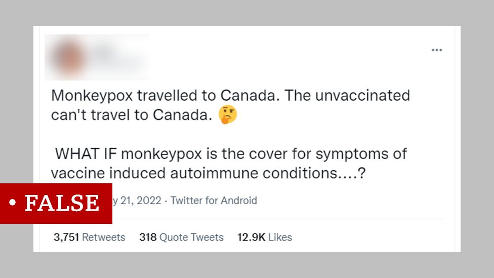 tweet reading: "Monkeypox travelled to Canada. The unvaccinated can't travel to Canada. WHAT IF monkeypox is the cover for symptoms of vaccine induced autoimmune conditions....?"