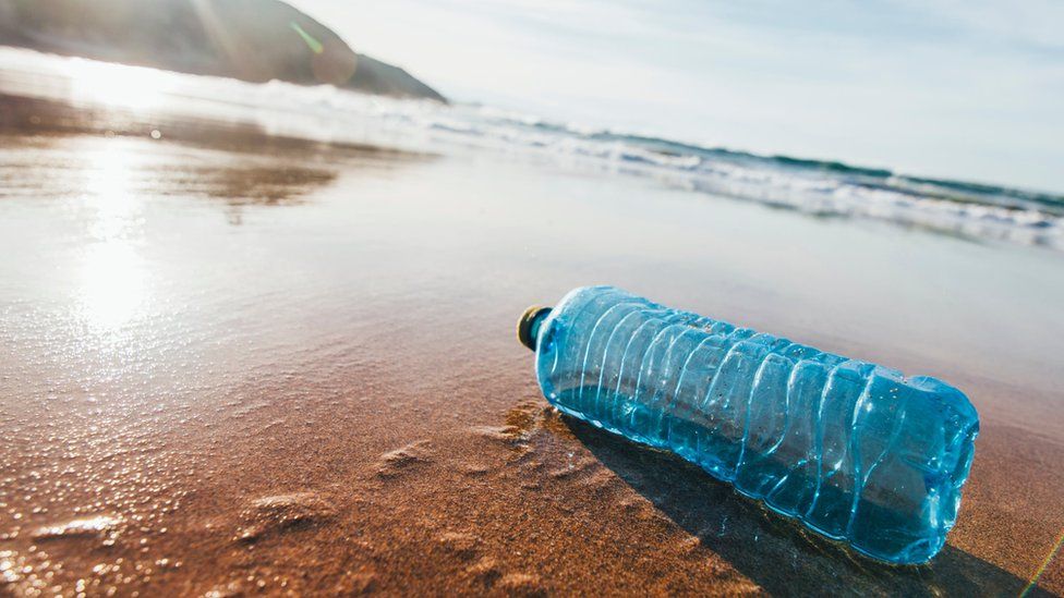 A single discarded plastic water bottle on a sandy beach
