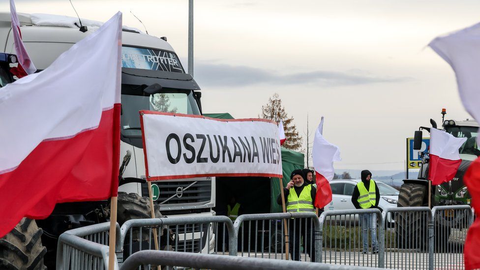 Polish farmers at the Medyka border crossing between Poland and Ukraine, November 2023.