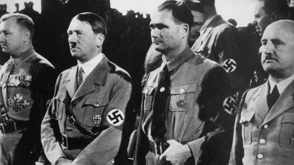 From second left to right, Nazi Party officials Adolf Hitler, Rudolf Hess and Julius Streicher (1885 - 1946), circa 1937. (Photo by Keystone/Hulton Archive/Getty Images)