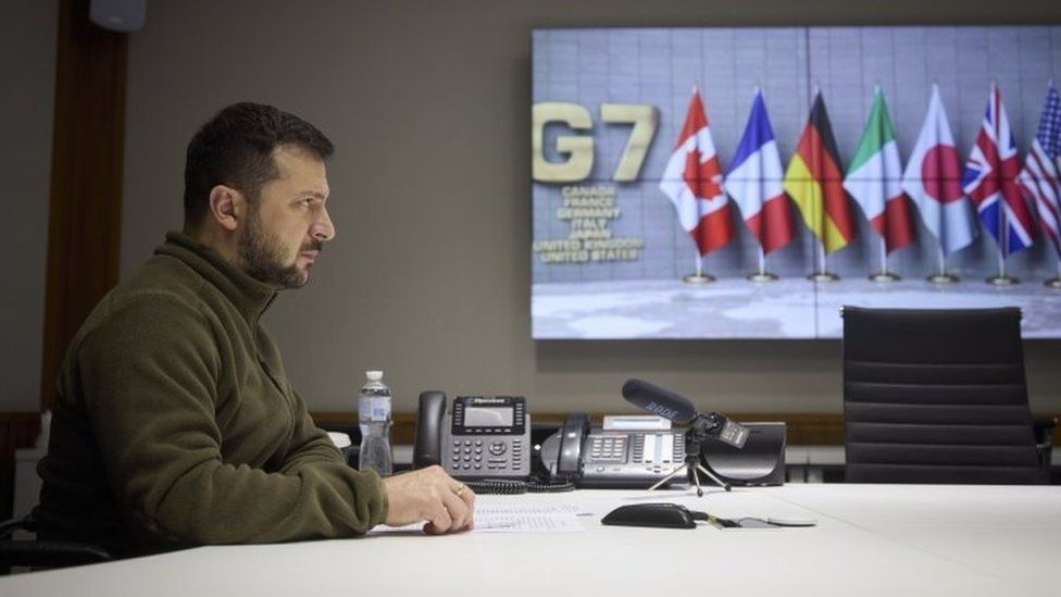 Ukrainian President Volodymyr Zelensky addresses via a videolink a G7 summit. Photo: 11 October 2022
