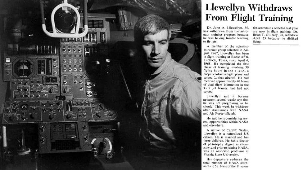 J Anthony Llewellyn training, and an article from Nasa's newspaper - Roundup - from 30 August 1968, reporting on his resignation