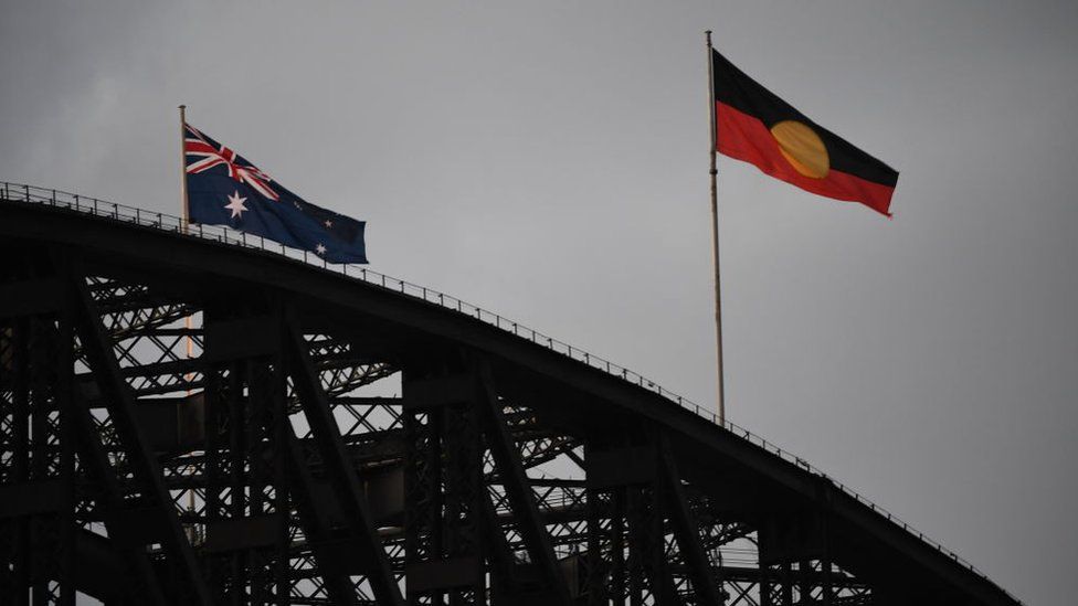 The Aboriginal flag flying on the Sydney Harbour Bridge