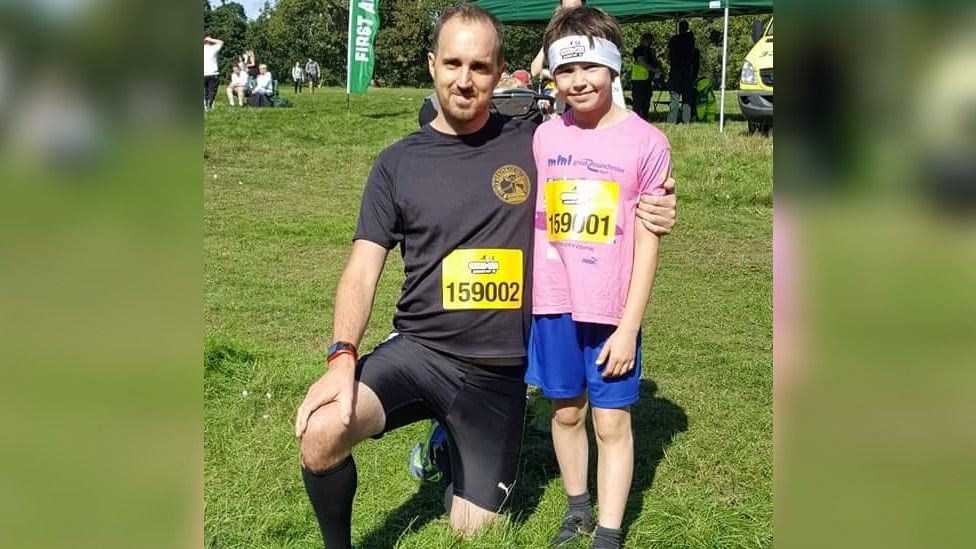 Steve Bladon pictured with his son Noel after a running event in Norwich