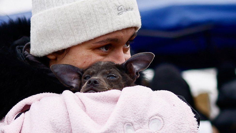 A woman fleeing the Russian invasion of Ukraine holds a dog at a temporary camp in Przemysl, Poland, 28 February 2022