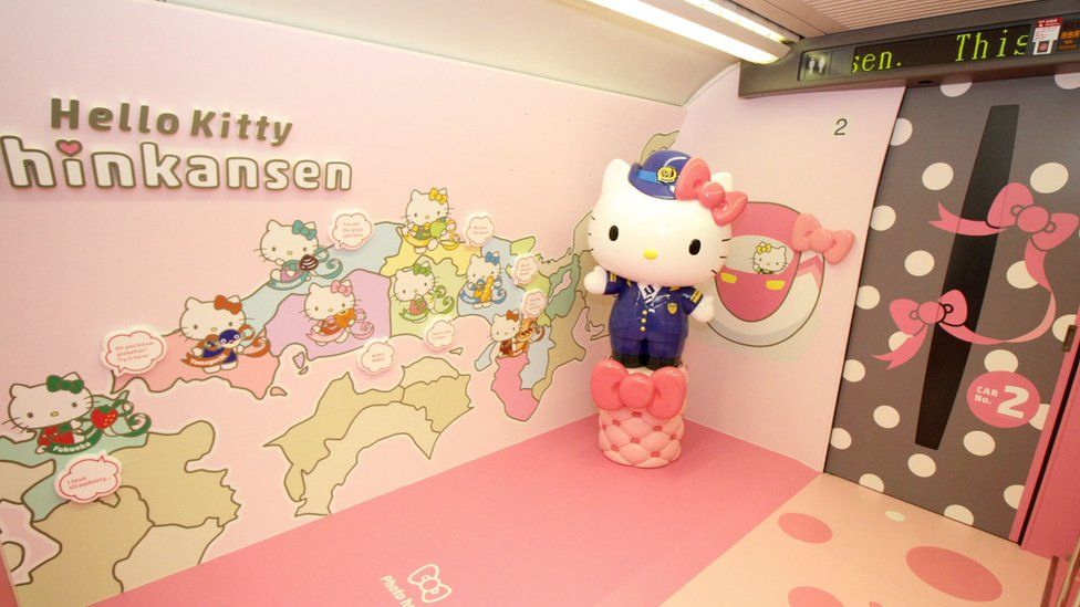 A photo spot inside a Shinkansen train for passengers to pose with popular character Hello Kitty