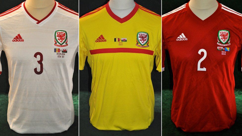 (l-r) Neil Taylor's shirt from a victory in Andorra, James Collins' shirt from an away tie in Belgium and Chris Gunter's shirt from the 0-0 home draw with Bosnia