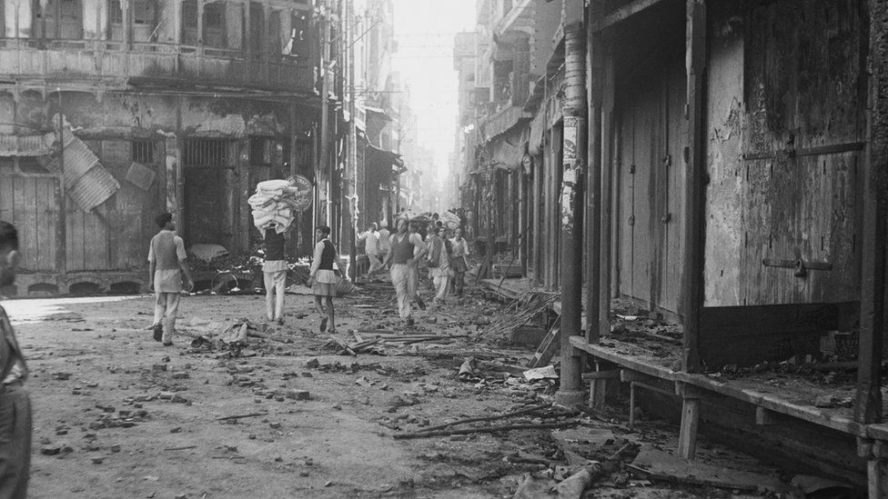 Wrecked buildings after communal riots in Amritsar, Punjab, during the Partition of British India, March 1947