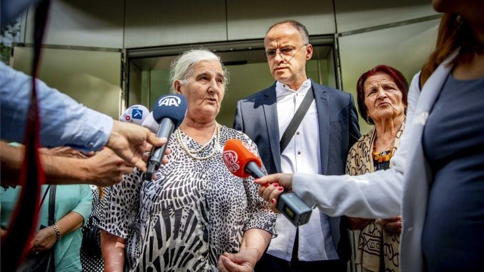 Members of the Mothers of Srebrenica speak to reporters outside the courthouse after the Supreme Court ruling in the cassation proceedings against the Dutch State, in The Hague, The Netherlands, 19 July 2019.