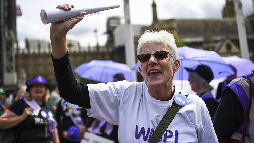 WASPI (Women Against State Pension Injustice) campaigners gather outside the Parliament, to protest asking for the equalization of the state pension age, London on June 5, 2019