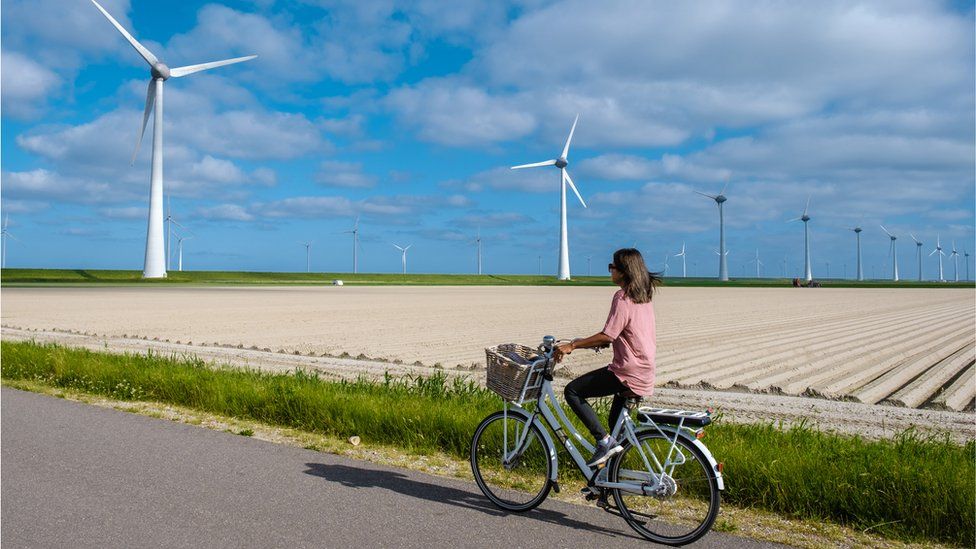 Cyclist in front of wind turbines