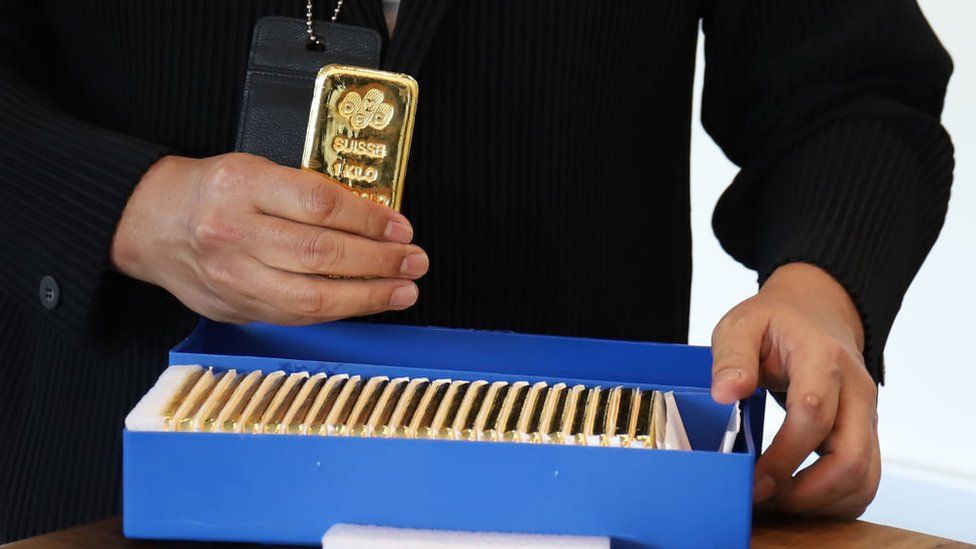 Gold bars on display at the Singapore Precious Metals Exchange