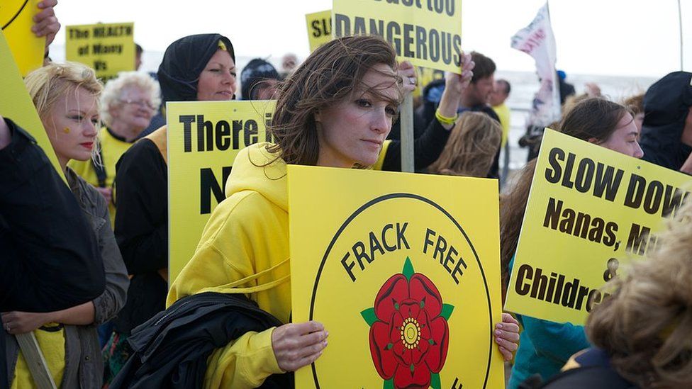 Anti fracking protesters demonstrate peacefully on a march from Blackpool's South Pier to the North Pier