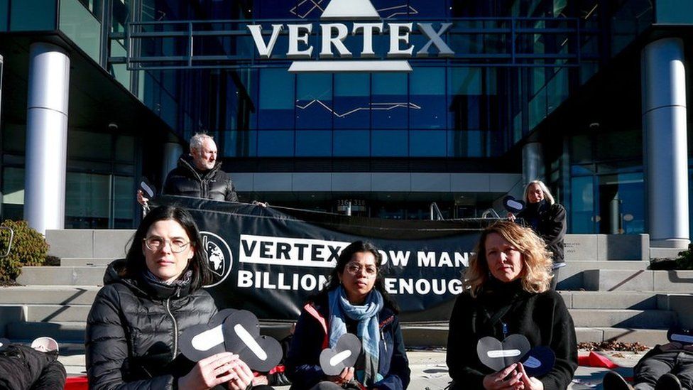 Campaigners outside the Vertex HQ building