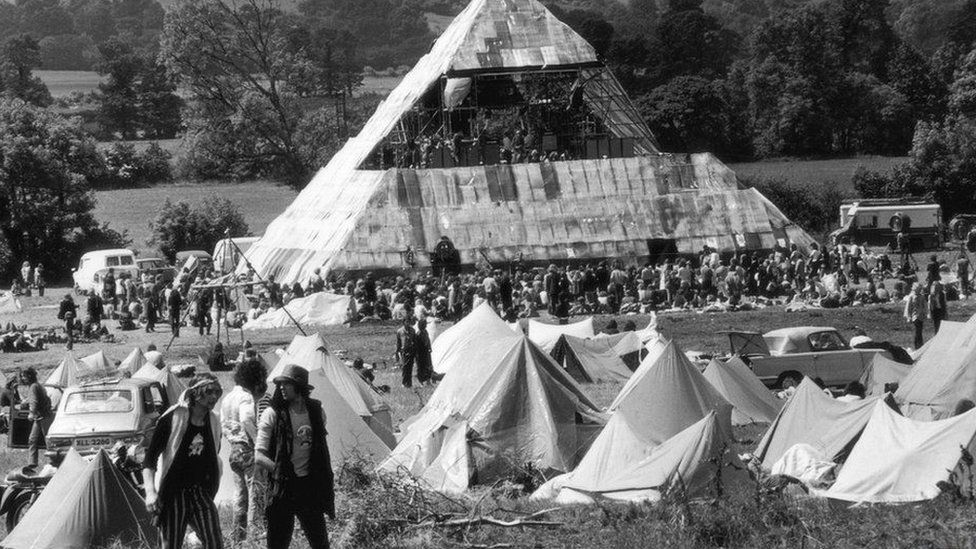June 1971: Hippies at the second Glastonbury Festival, which saw the first use of a pyramid stage.
