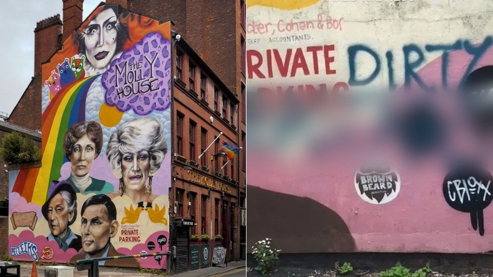 Molly House artwork (left) and homophobic graffiti (right)