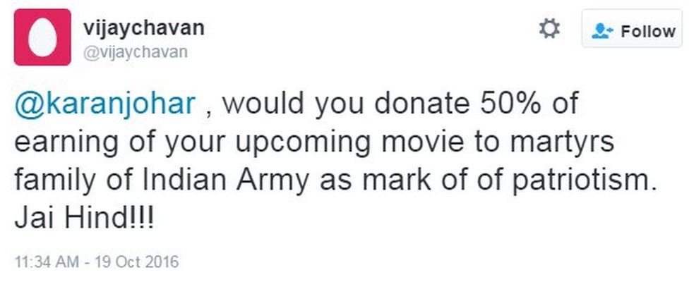 @karanjohar , would you donate 50% of earning of your upcoming movie to martyrs family of Indian Army as mark of of patriotism. Jai Hind!!!