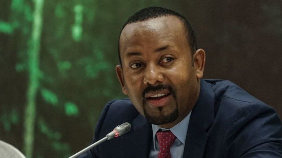 Ethiopias Prime Minister Abiy Ahmed speaks during the launch of his green legacy initiative, the nationwide environmental campaign to plant billions of trees, at a hall of Prime Ministers office temporarily transformed into a green garden in Addis Ababa, Ethiopia, on May 18, 2021