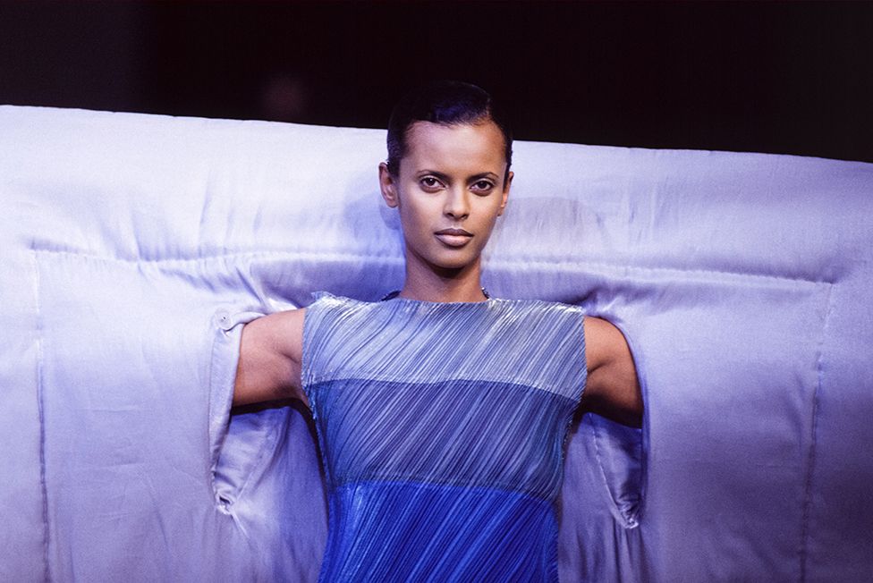A model at Issey Miyake's Ready-to-Wear, Fall-Winter 1995-96 collection show in Paris, France