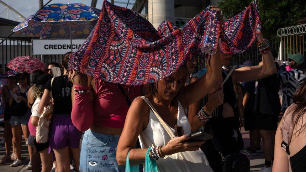 Fans queue outside a Taylor Swift concert in Rio de Janeiro on 18 November 2023