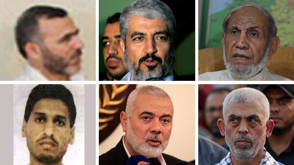 (Clockwise top left: Marwan Issa; Khaled Meshaal; Mahmoud Zahar; Yehiya Sinwar; Ismail Haniyeh; Mohammed Deif)