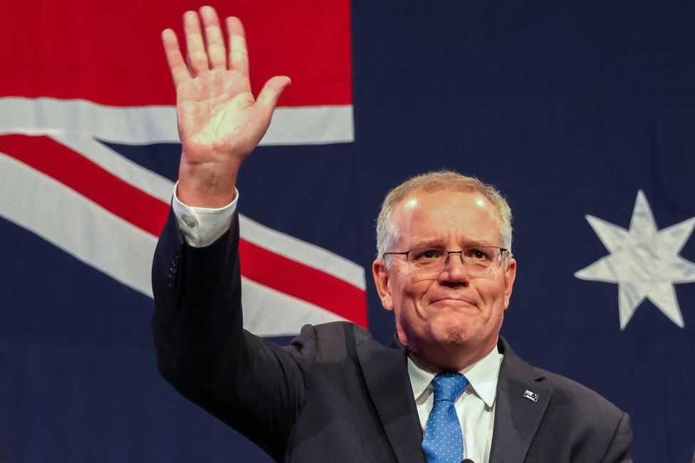 Prime Minister Scott Morrison concedes defeat following the results of the Federal Election during the Liberal Party election night event at the Fullerton Hotel on May 21, 2022 in Sydney,