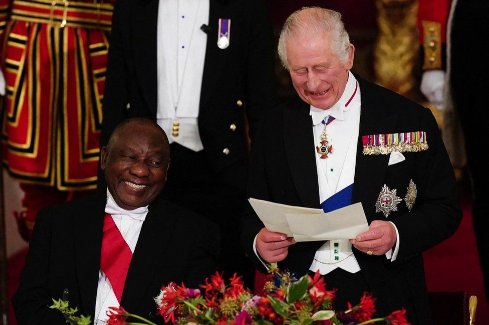 President Cyril Ramaphosa of South Africa, laughs as King Charles III speaks during the State Banquet held at Buckingham Palace, London, during the State Visit to the UK by the South African president