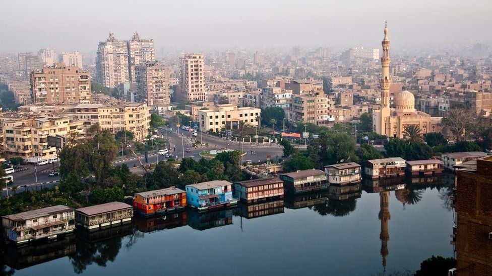 Aerial view showing houseboats on the River Nile, in central Cairo, Egypt