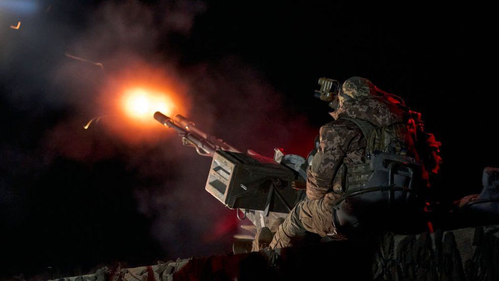 APRIL 16: Soldiers of the Armed Forces of Ukraine from the unit of the mobile air defense group shoot down enemy drones using the ZU-23-2 Soviet 23-mm twin anti-aircraft gun on April 16, 2024 in an undisclosed location in Ukraine. (Photo by Kostiantyn Liberov/Libkos/Getty Images)