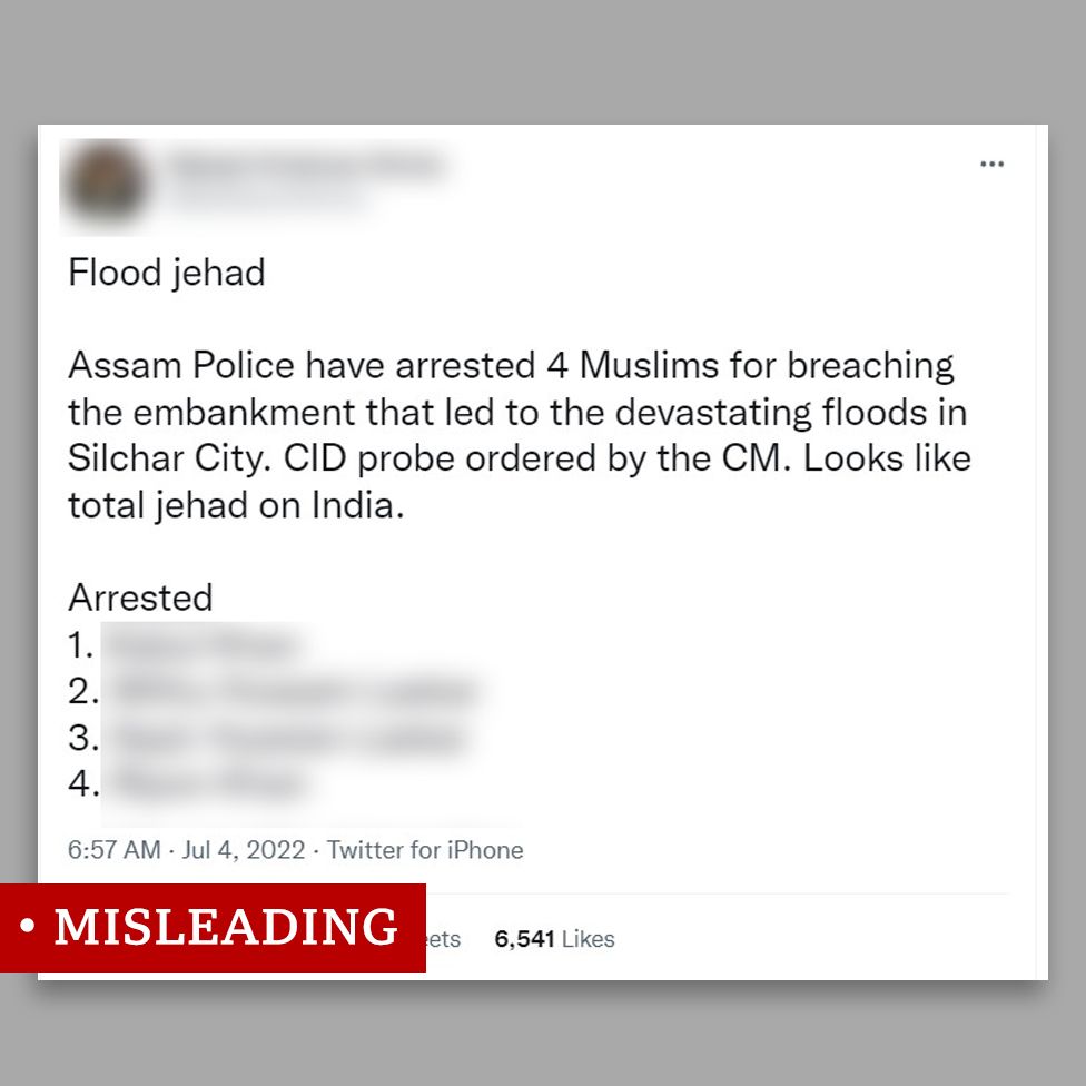 Screenshot of a tweet suggesting Muslim men are waging "flood jihad" on Indian soil.