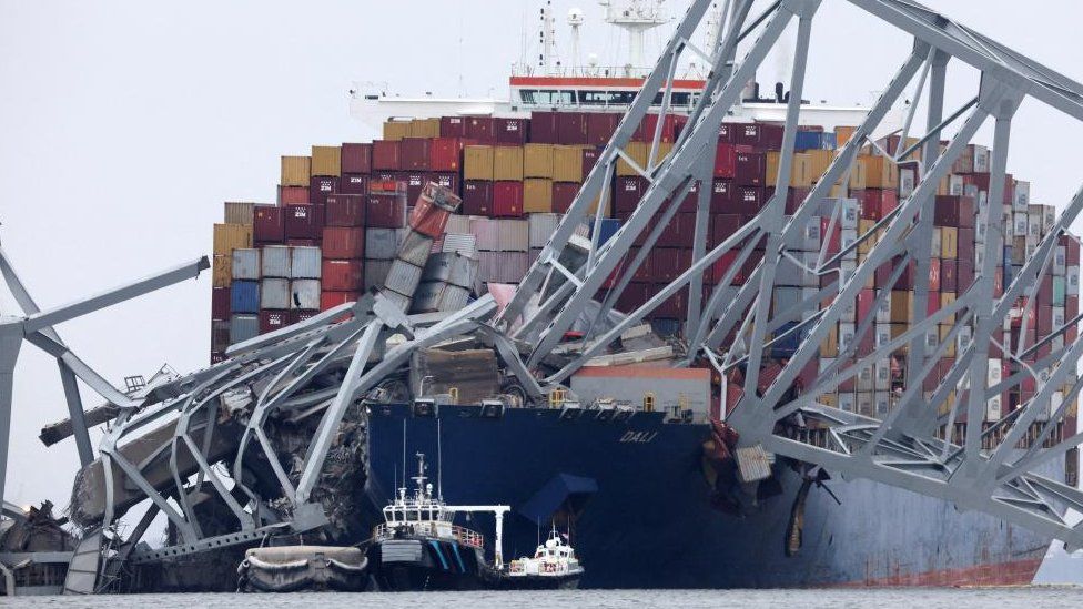 A view of the Dali cargo vessel which crashed into the Francis Scott Key Bridge