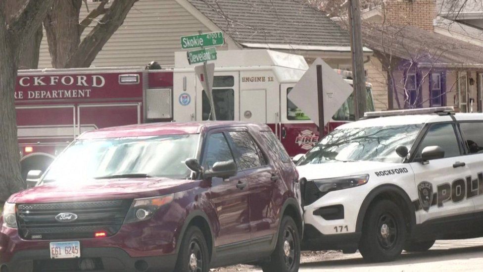 Emergency service vehicles on the scene of a stabbing in the city of Rockford, Illinois