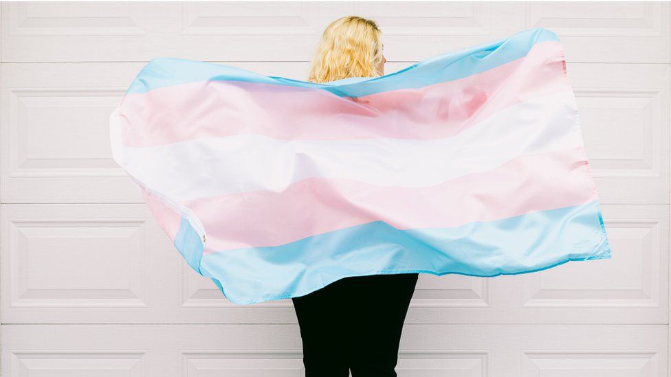 Transgender person from behind, wearing pink and white striped sweatshirt, holds transgender flag