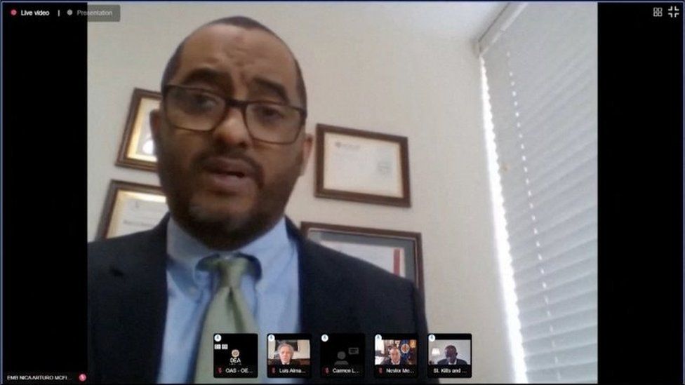 Arturo McFields, Nicaragua's Ambassador to the Organization Of American States, speaks in a video address from an unidentified location, March 23, 2022