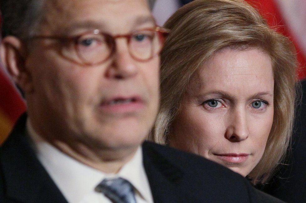 Hours after Franken (left) was accused, Senator Gillibrand said Bill Clinton should have resigned over his affair