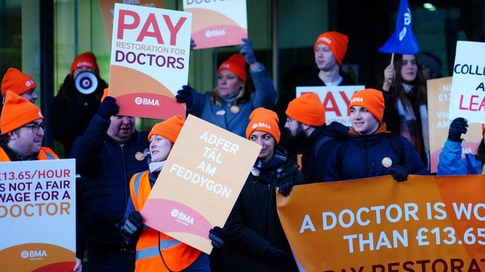 Junior doctors on strike outside Cardiff's University Hospital