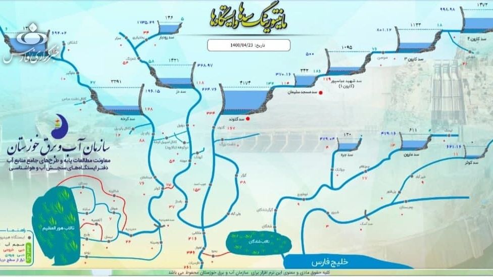 Official map shows the level of water in dams in Khuzestan province