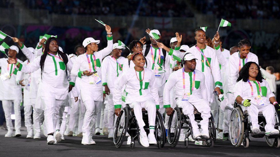 Athletes for Team Nigeria take part in the opening ceremony for the Commonwealth Games at the Alexander Stadium in Birmingham