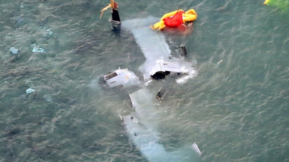 A wrecked U.S. Marine Corps MV-22 Osprey aircraft that crash-landed in the sea off Nago is seen in Okinawa Prefecture, Japan, in this photo taken by Kyodo 14 December 2016