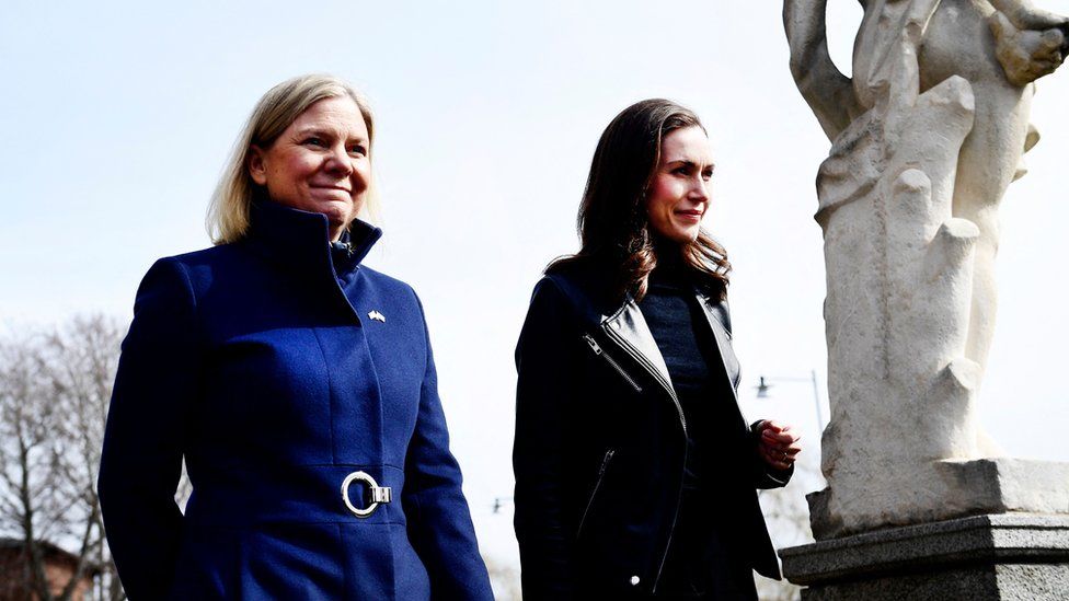 Swedish Prime Minister Magdalena Andersson (L) and Finnish Prime Minister Sanna Marin prior to a meeting on whether to seek NATO membership in Stockholm, Sweden, on April 13, 2022
